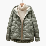 Women’s Hooded Puffer Jacket with Quilted Surface and Front Snap Closure