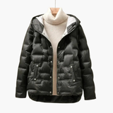 Women’s Hooded Puffer Jacket with Quilted Surface and Front Snap Closure