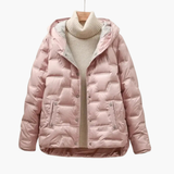 Women’s Hooded Puffer Jacket with Quilted Surface and Front Snap Closure