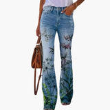 Women’s Jeans with Printed Legs and Button Closure