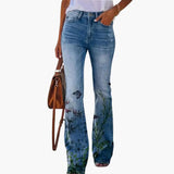 Women’s Jeans with Printed Legs and Button Closure
