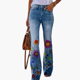 Women’s Jeans with Printed Legs and Button Closure