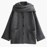Women’s Knit Cardigan with Button Closure and Attached Scarf