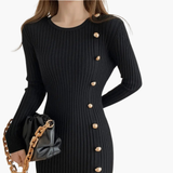 Women’s Knitted Dress with Long Sleeves and Side Buttons