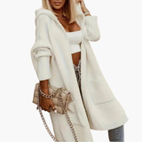 Women’s Long Hooded Knitted Cardigan with Open Front and Side Pockets