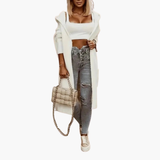 Women’s Long Hooded Knitted Cardigan with Open Front and Side Pockets