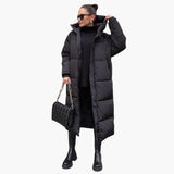 Women’s Long Quilted Hooded Jacket with High Collar