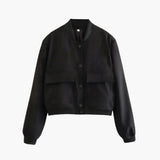 Women's Military-Inspired Bomber Jacket with Elastic Cuffs and Spacious Pockets