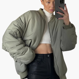 Women’s Oversized Bomber Jacket with Long Sleeves and Side Pockets