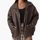 Women’s Oversized Bomber Jacket with Zip Closure and Long Sleeves