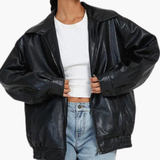 Women’s Oversized Bomber Jacket with Zip Closure and Long Sleeves