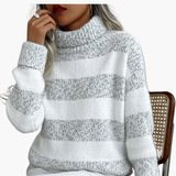 Women's Striped Turtleneck Sweater with Long Sleeves and Ribbed Edges