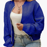 Women's Textured Bomber Jacket - Cotton Blend with Stand-Up Collar