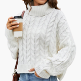 Women’s Turtleneck Sweater with Cable Knit Pattern and Long Sleeves