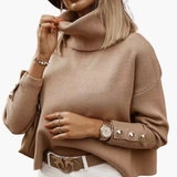 Women’s Turtleneck Sweater with Decorative Sleeve Buttons and Long Sleeves