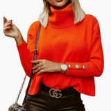 Women’s Turtleneck Sweater with Decorative Sleeve Buttons and Long Sleeves