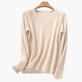 Women’s V-Neck Knitted Sweater with Long Sleeves and Ribbed Finish