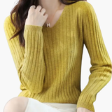 Women’s V-Neck Knitted Sweater with Long Sleeves and Ribbed Finish