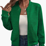 Women’s Woven Fabric Zip-Up Bomber Jacket with Ribbed Hem
