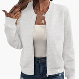 Women’s Woven Fabric Zip-Up Bomber Jacket with Ribbed Hem
