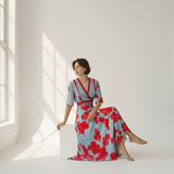 Floral Dress with V-Neck for Women – Elegant & Long