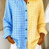 Camisa feminina casual retrô xadrez em blocos de cores rosa e verde