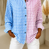 Camisa feminina casual retrô xadrez em blocos de cores rosa e verde