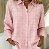 Camisa feminina casual de manga comprida xadrez rosa para outono e inverno