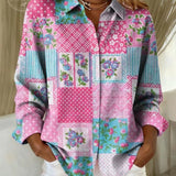 Camisa feminina vintage rosa com estampa floral patchwork e lapela.