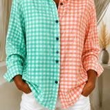 Camisa feminina casual retrô xadrez em blocos de cores rosa e verde