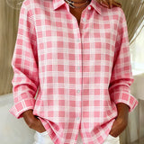 Camisa feminina casual de algodão com estampa xadrez rosa claro vintage