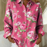 Camisa feminina casual rosa com estampa floral e lapela.