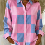 Camisa feminina casual retrô xadrez rosa