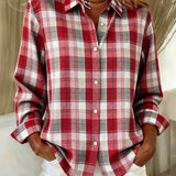 Camisa feminina casual de algodão com estampa xadrez vermelha vintage