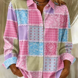 Camisa feminina casual vintage rosa com estampa patchwork