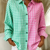 Camisa feminina casual retrô xadrez em blocos de cores rosa e verde