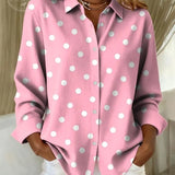 Camisa feminina casual retrô rosa com bolinhas