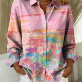 Camisa feminina casual retrô rosa com estampa de pintura a óleo