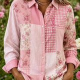 Camisa feminina casual vintage rosa com estampa xadrez patchwork