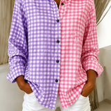 Camisa feminina casual retrô xadrez em blocos de cores rosa e verde