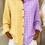 Camisa feminina casual retrô xadrez em blocos de cores rosa e verde