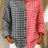 Camisa feminina casual retrô xadrez em blocos de cores rosa e verde
